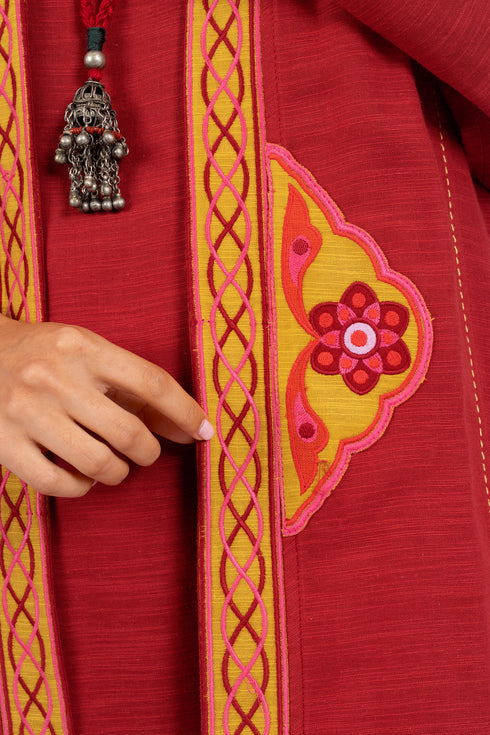 Applique embroidery coat in cotton slub